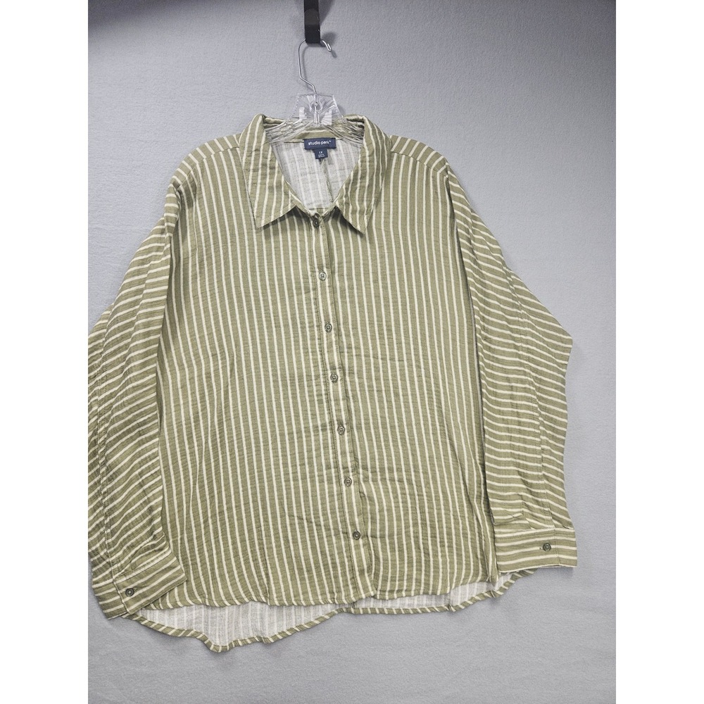 Studio Park Womens 1X Olive Green White Striped Cotton Gauze Button Down Shirt